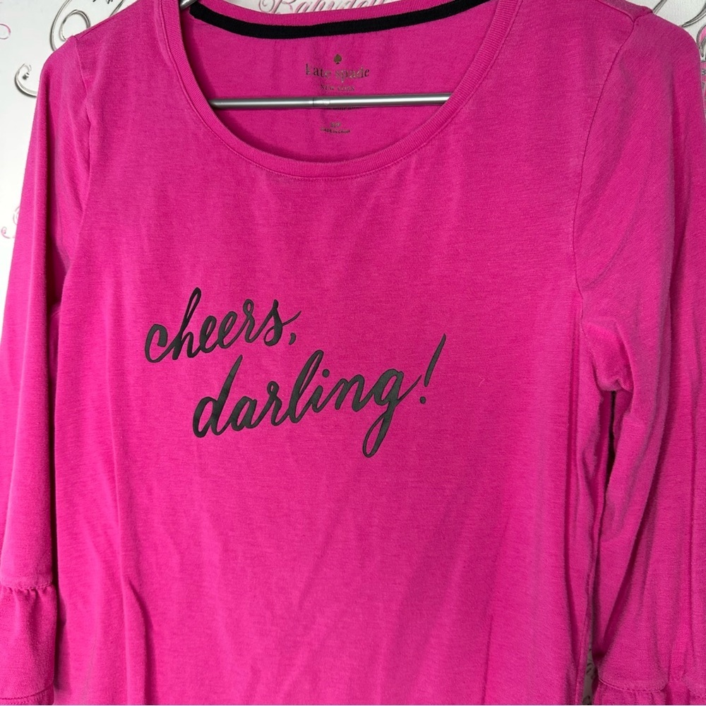 Kate spade cheers darling top ruffle frill sleeve cuff black pink soft stretchy - Picture 3 of 6